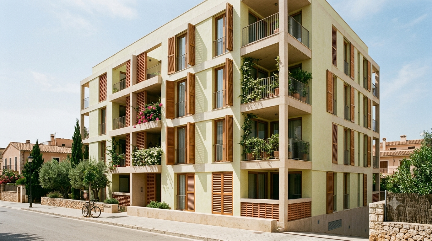 Modern European apartment facade with timber brise-soleil shutters, pale lime render and planted balconies under a hot midday sky