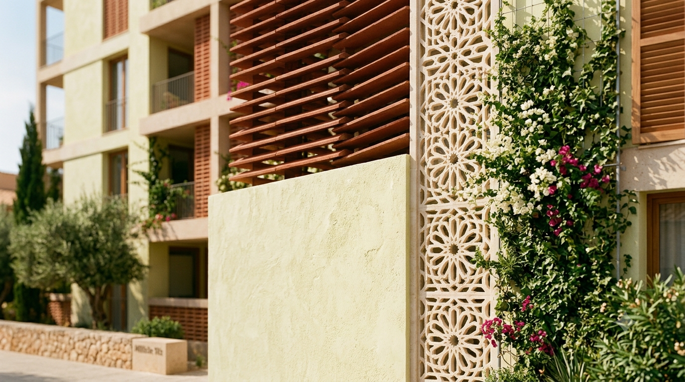Close study of cooling building materials: pale lime render, timber brise-soleil louvres, a perforated stone screen and a green planted facade